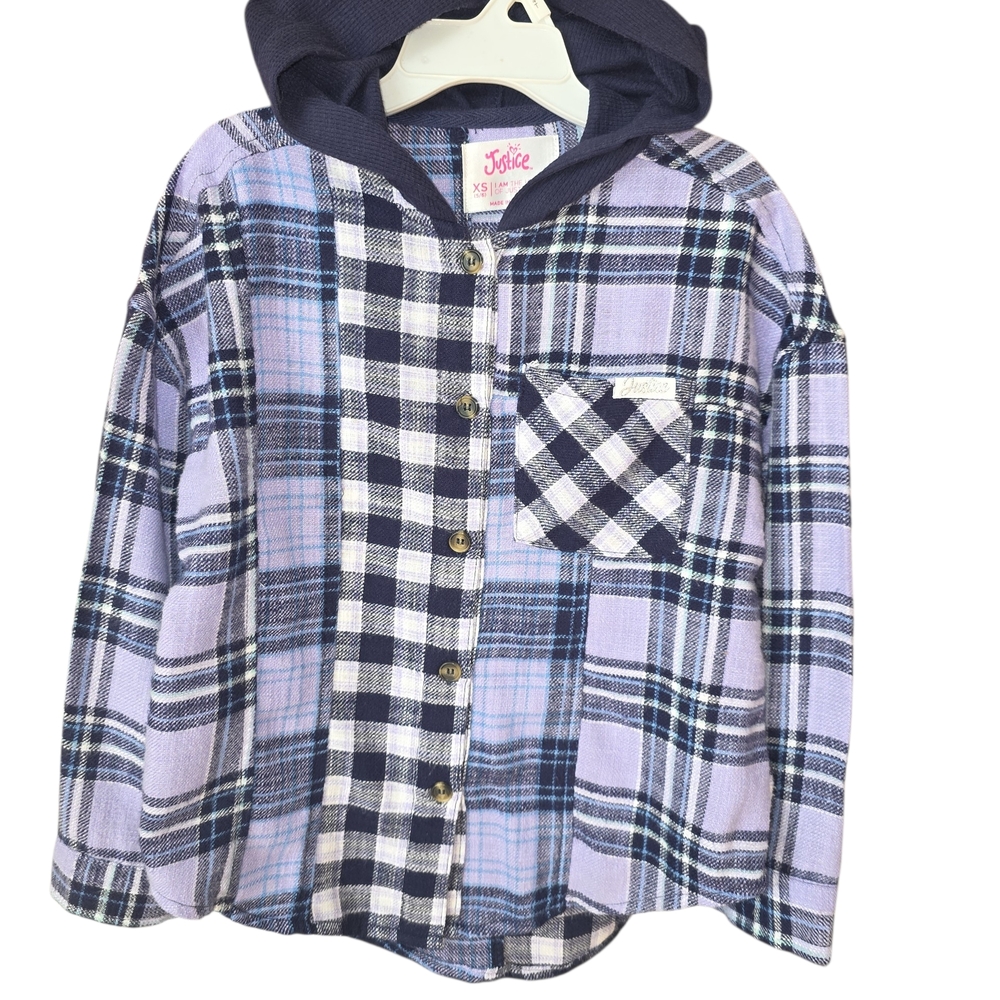 Justice Girls size XS 5-6 Long Sleeve Plaid Flannel With Hood PANTERS PURPLE NWT